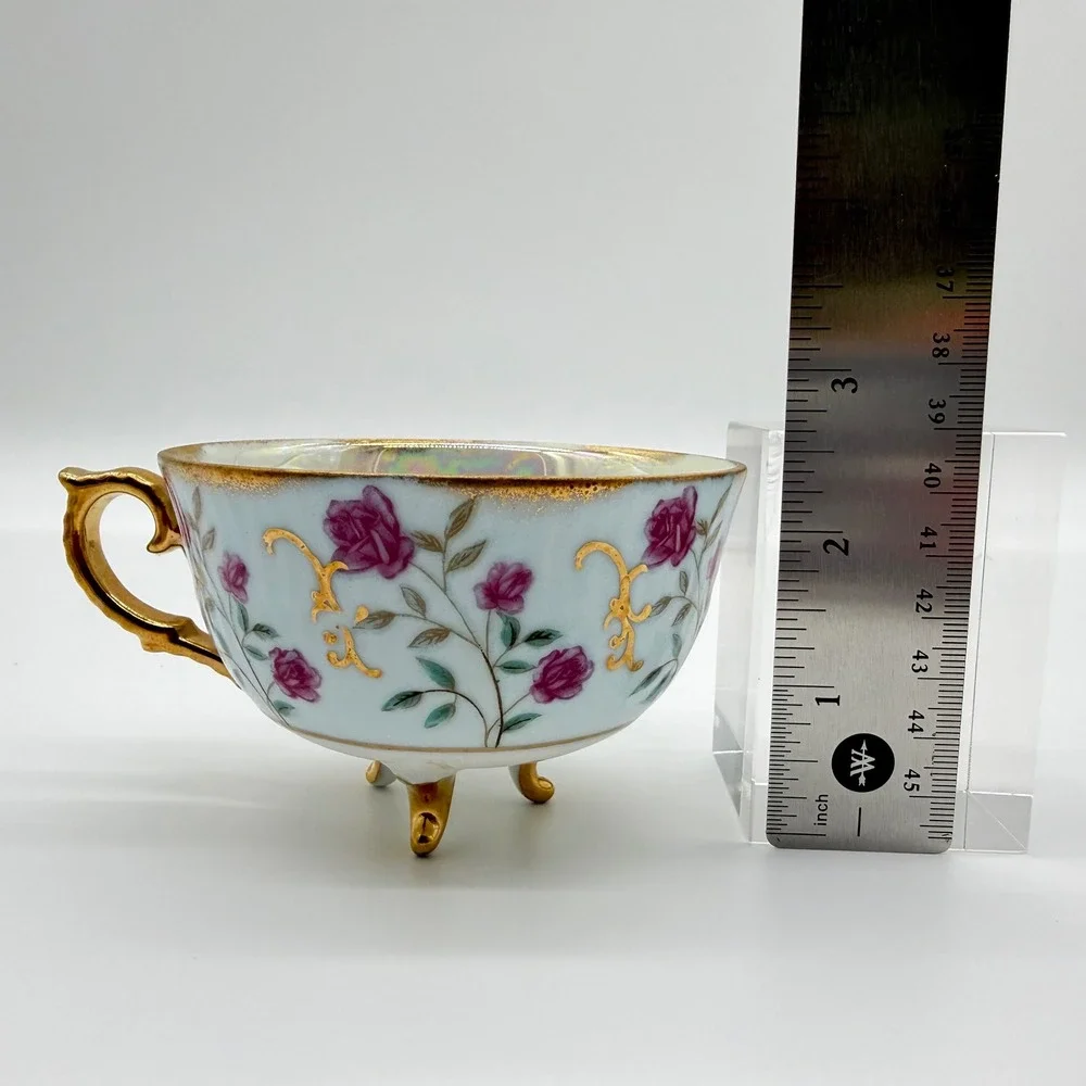 Vintage Japan Lusterware Tea Cup Saucer Set Purple Rose Gold Gilt Footed Blue